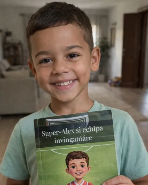 Băiețel zâmbind cu cartea personalizată în mână